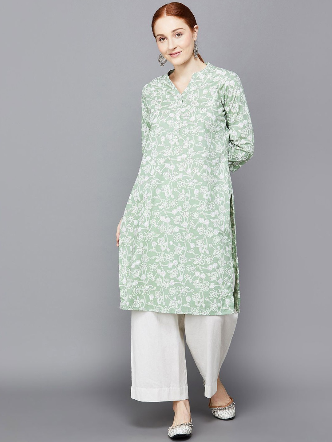 

Melange by Lifestyle Floral Printed Mandarin Collar Cotton Straight Kurta, Green