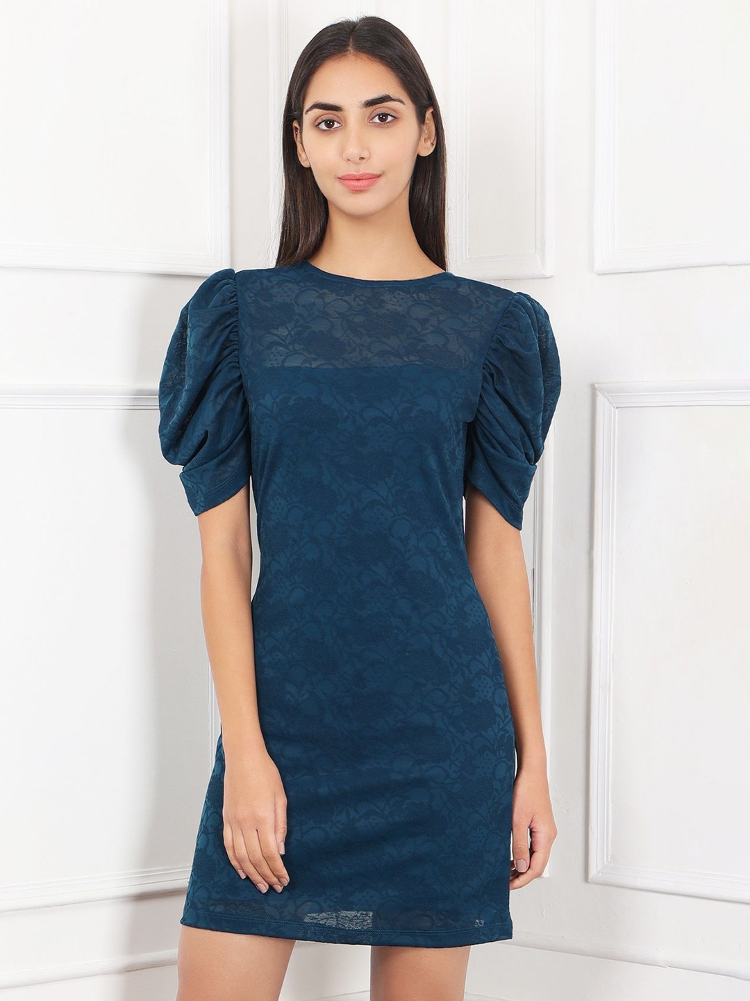

KRICKEE Puff Sleeves Sheath Dress, Navy blue
