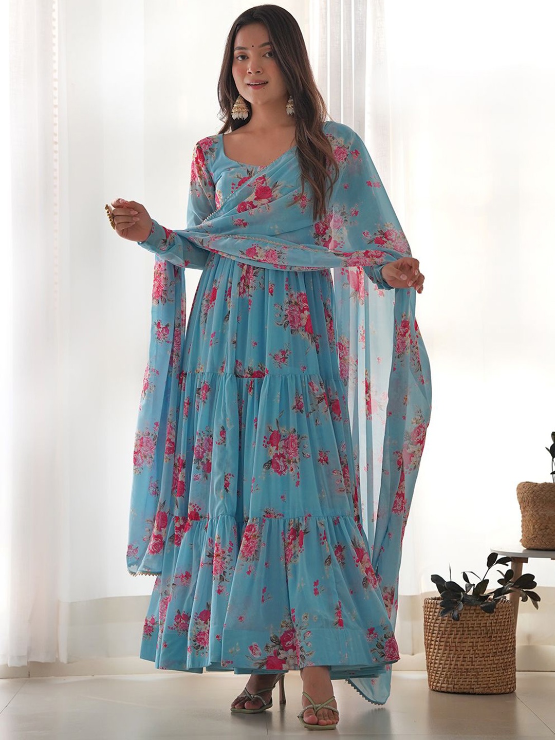 

ZIBLON Floral Printed Tiered Pure Georgette Kurta With Trousers & Dupatta, Blue