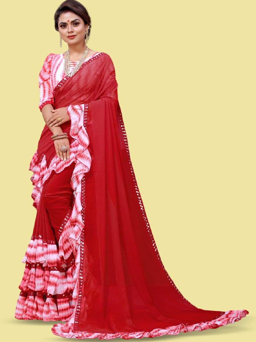 

APNISHA Tie and Dye Pure Georgette Saree, Red