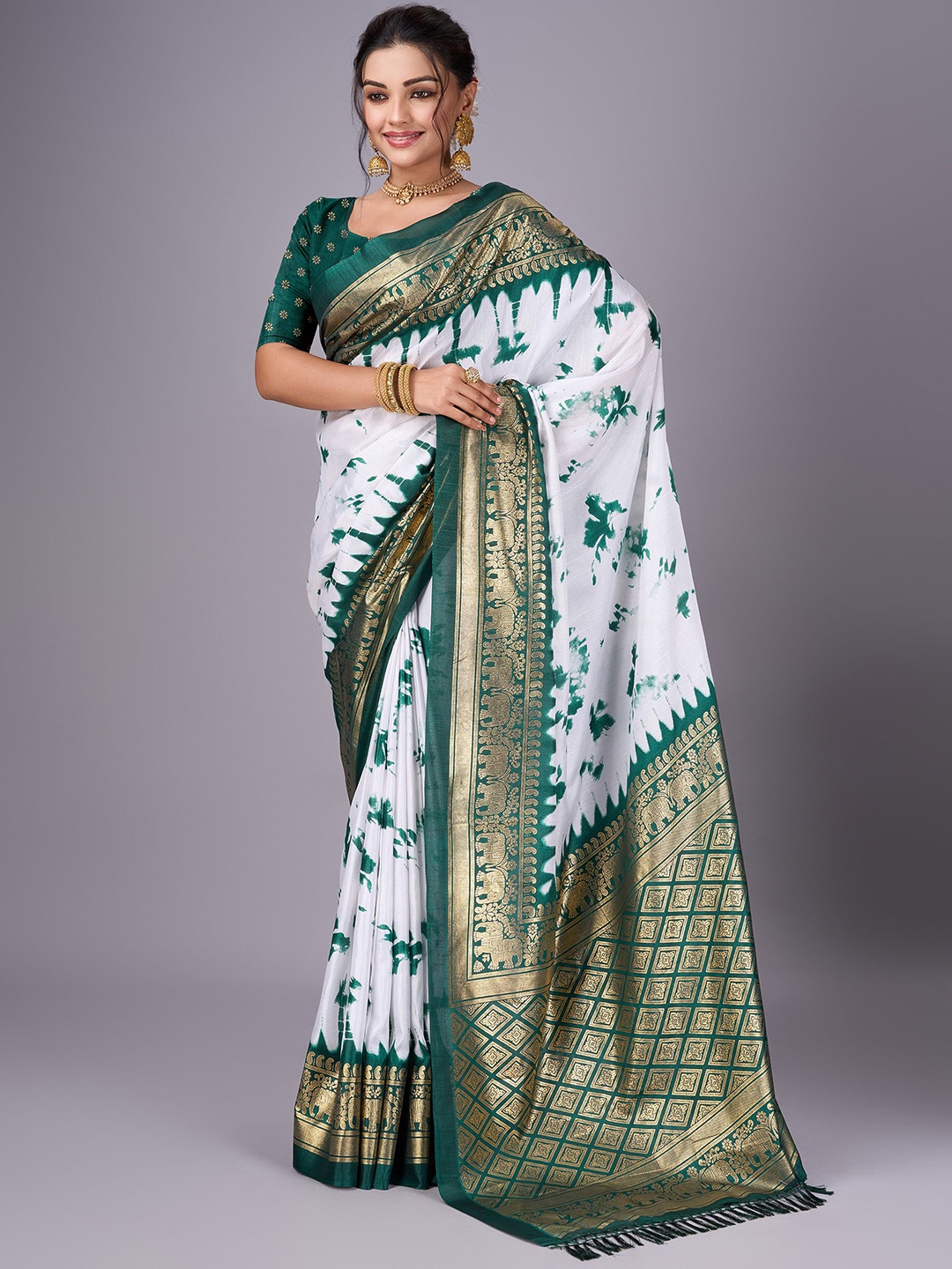 

SANJANA SILK Floral Zari Art Silk Chanderi Saree, Green