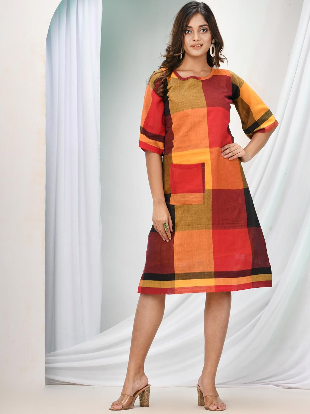 

Angoshobha Checked A-Line Midi Dress, Red