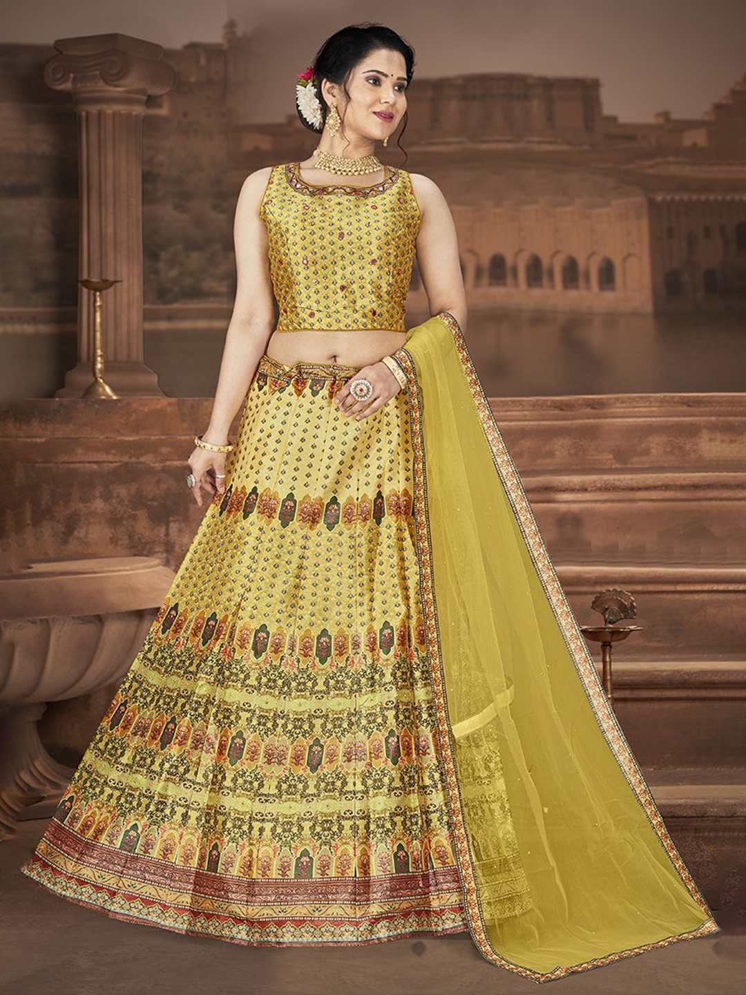 

EthnicTree Printed Beads and Stones Ready to Wear Lehenga & Blouse With Dupatta, Yellow