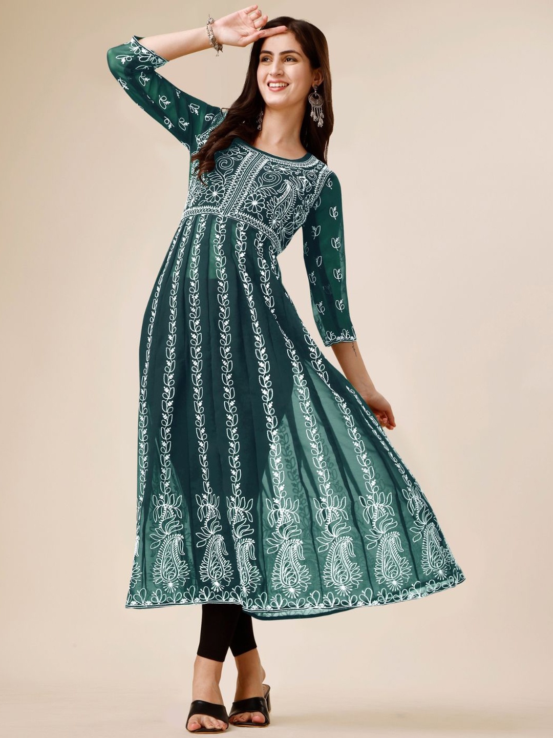 

KALINI Floral Embroidered Round Neck Chikankari Georgette Anarkali Kurta, Green