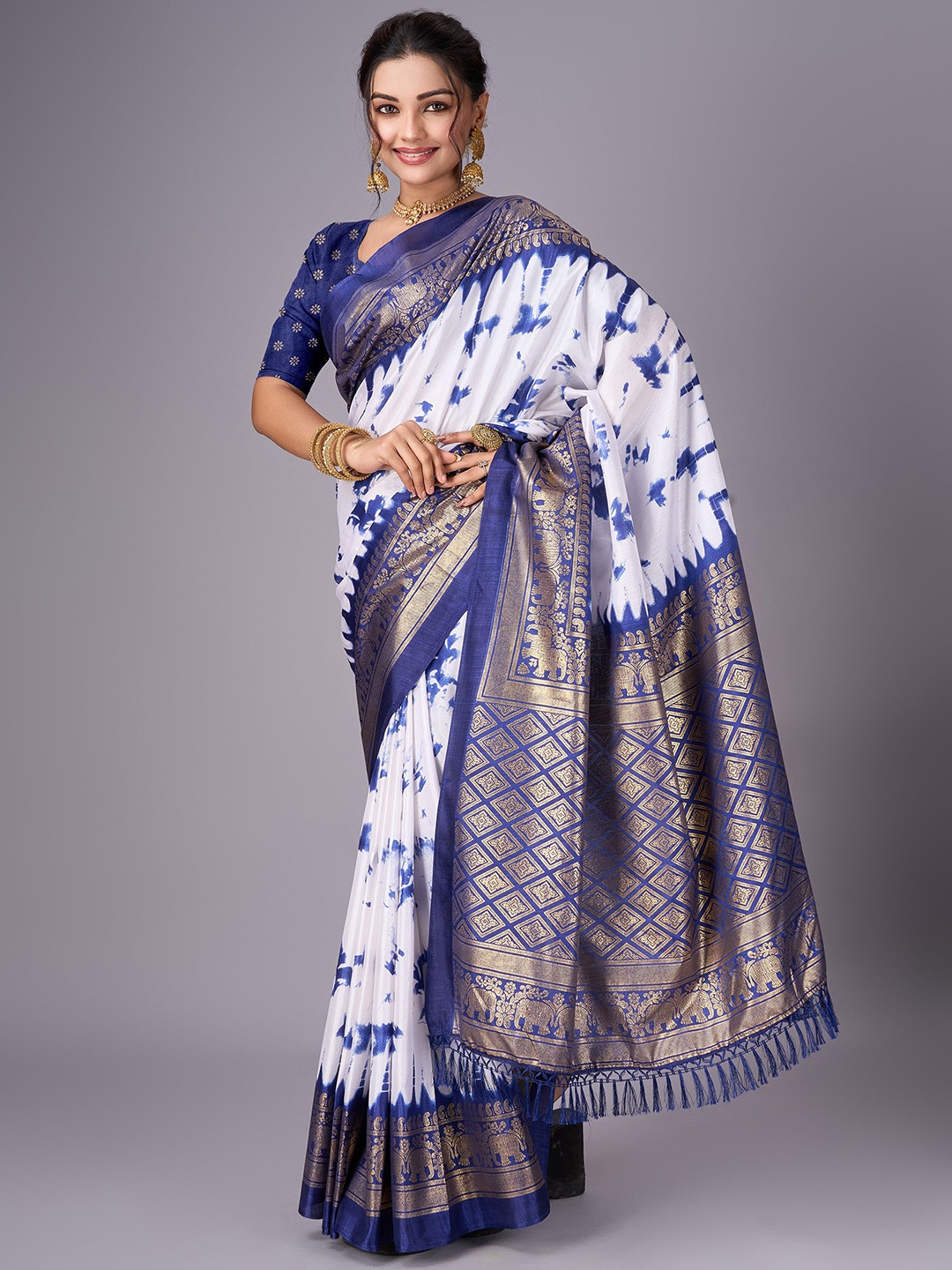 

SANJANA SILK Tie and Dye Zari Art Silk Chanderi Saree, Navy blue