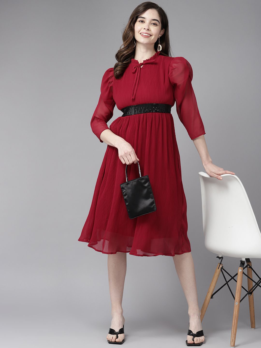 

BAESD Tie-Up Neck Puff Sleeves Fit & Flare Dress, Maroon