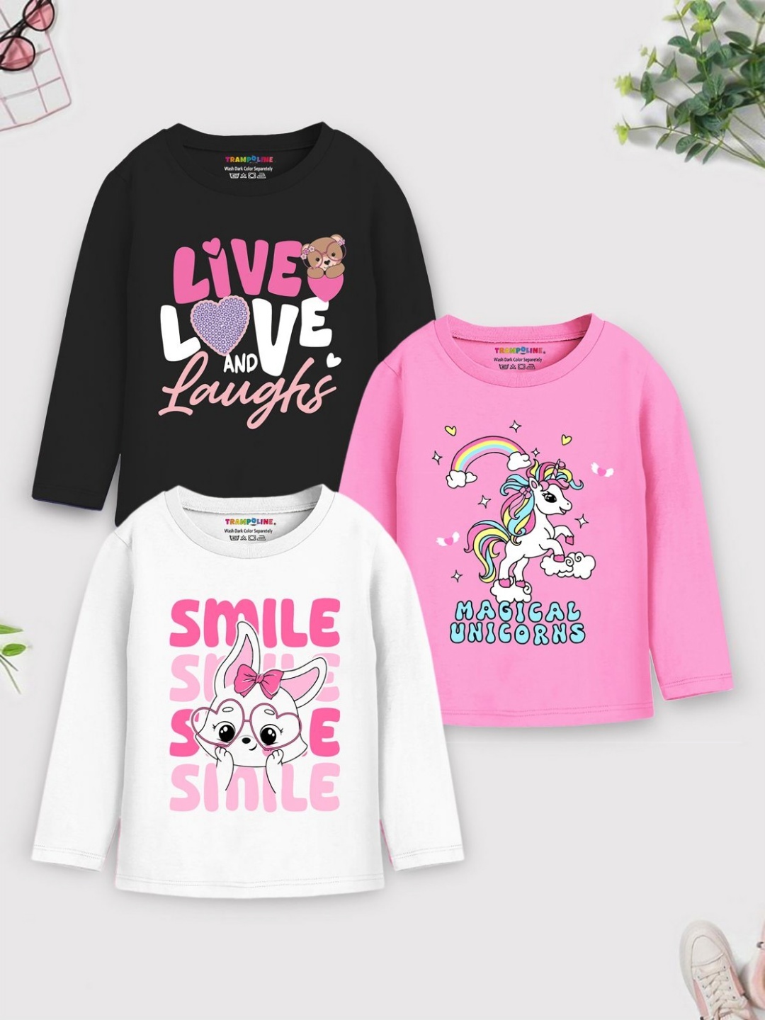 

YK X Trampoline Girls Pack Of 3 Graphic Printed Round Neck Cotton T-shirt, Black