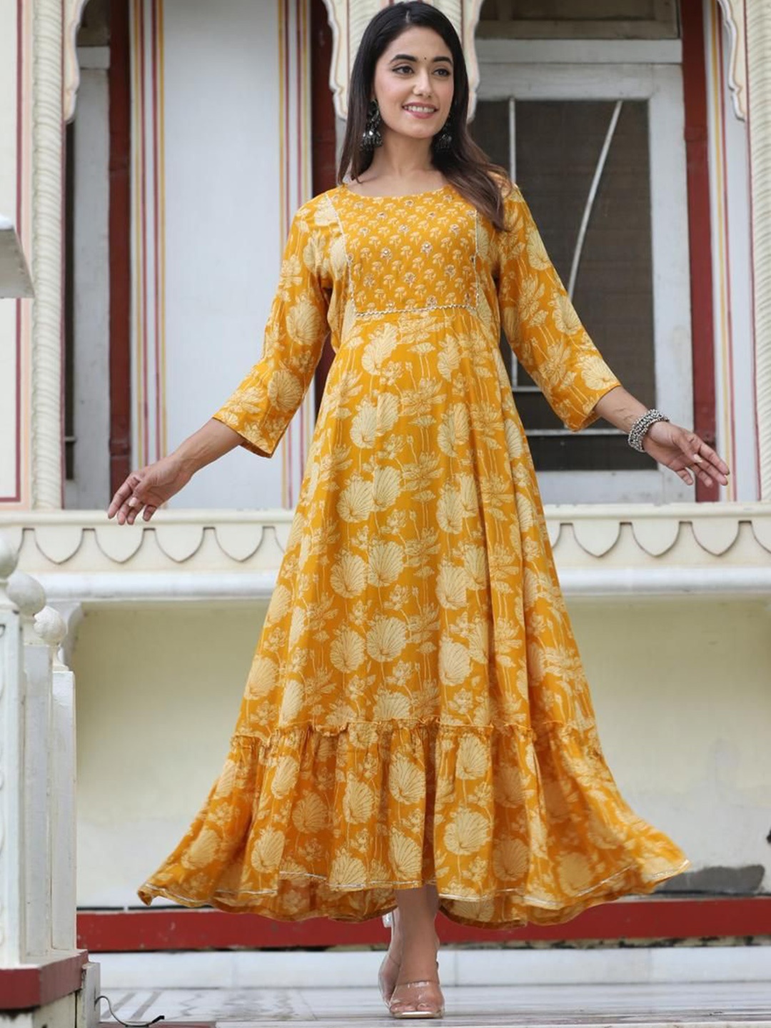 

KALINI Floral Printed Gotta Patti Tiered Anarkali Kurta, Yellow