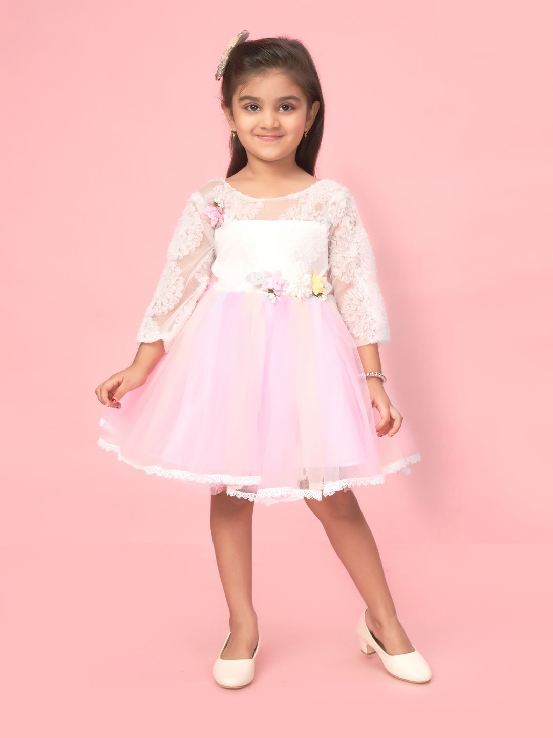 

BAESD Girls Floral Applique Detail Net Fit & Flare Dress, Pink