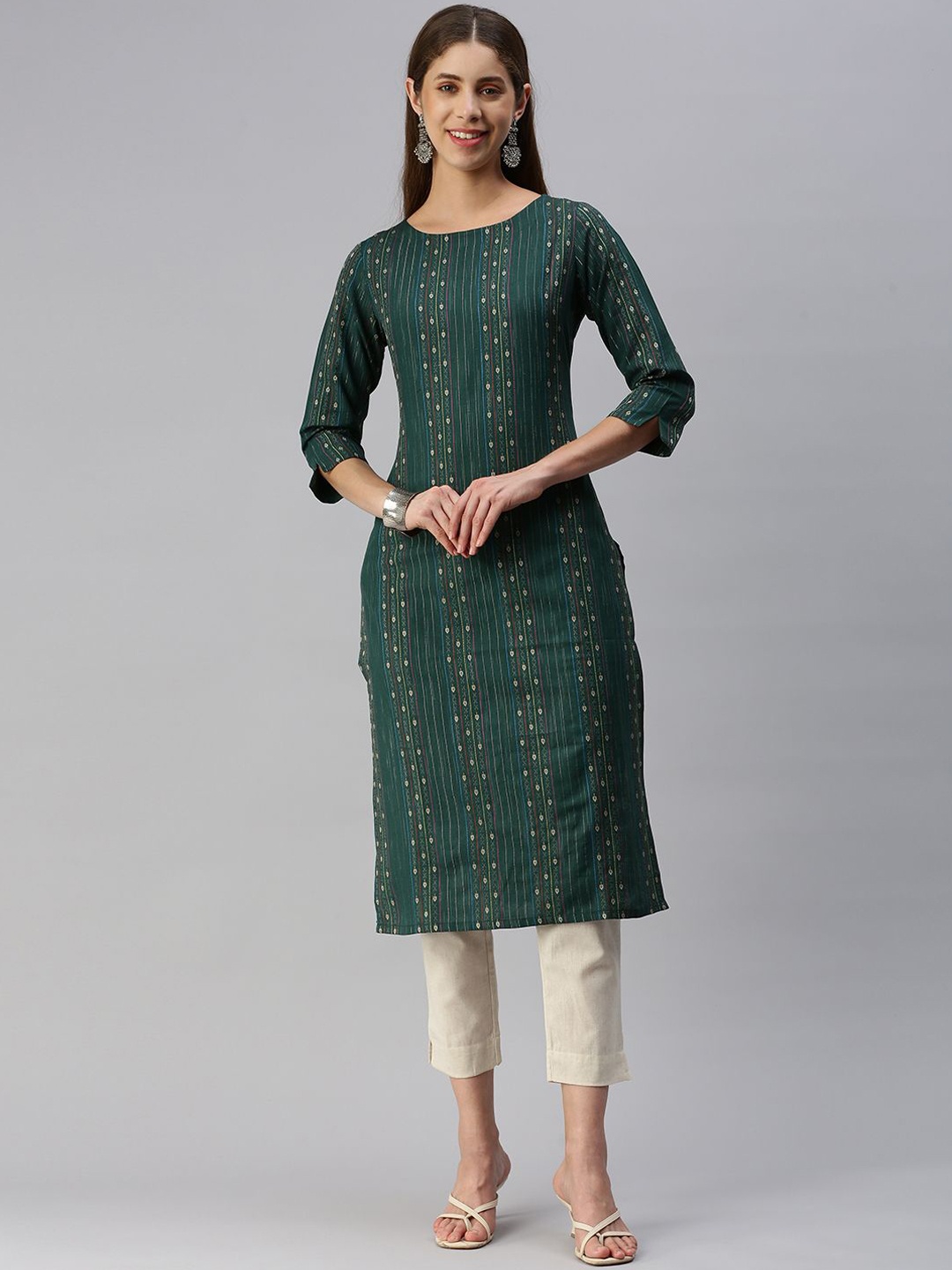 

KALINI Women Geometric Woven Design Round Neck Cotton Straight Kurta, Green