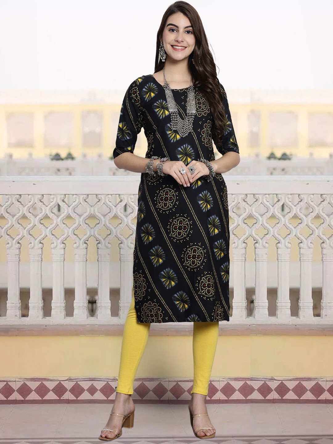 

7Threads Ethnic Motifs Printed Straight Kurta, Black