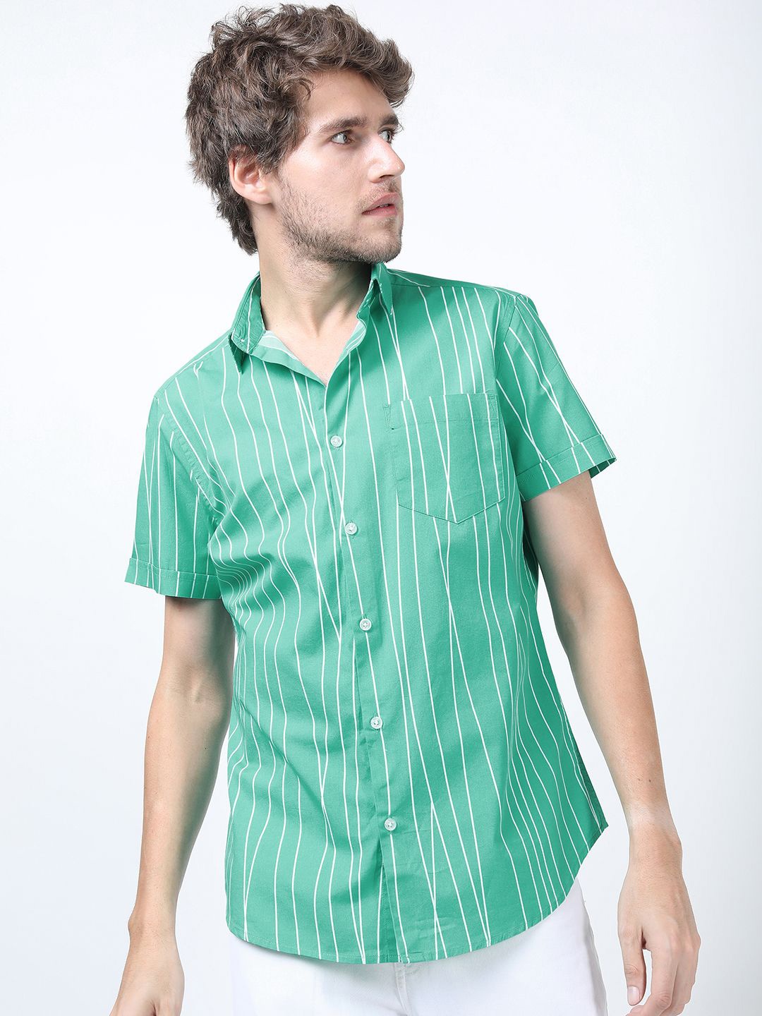 

HIGHLANDER Men Slim Fit Opaque Striped Casual Shirt, Green