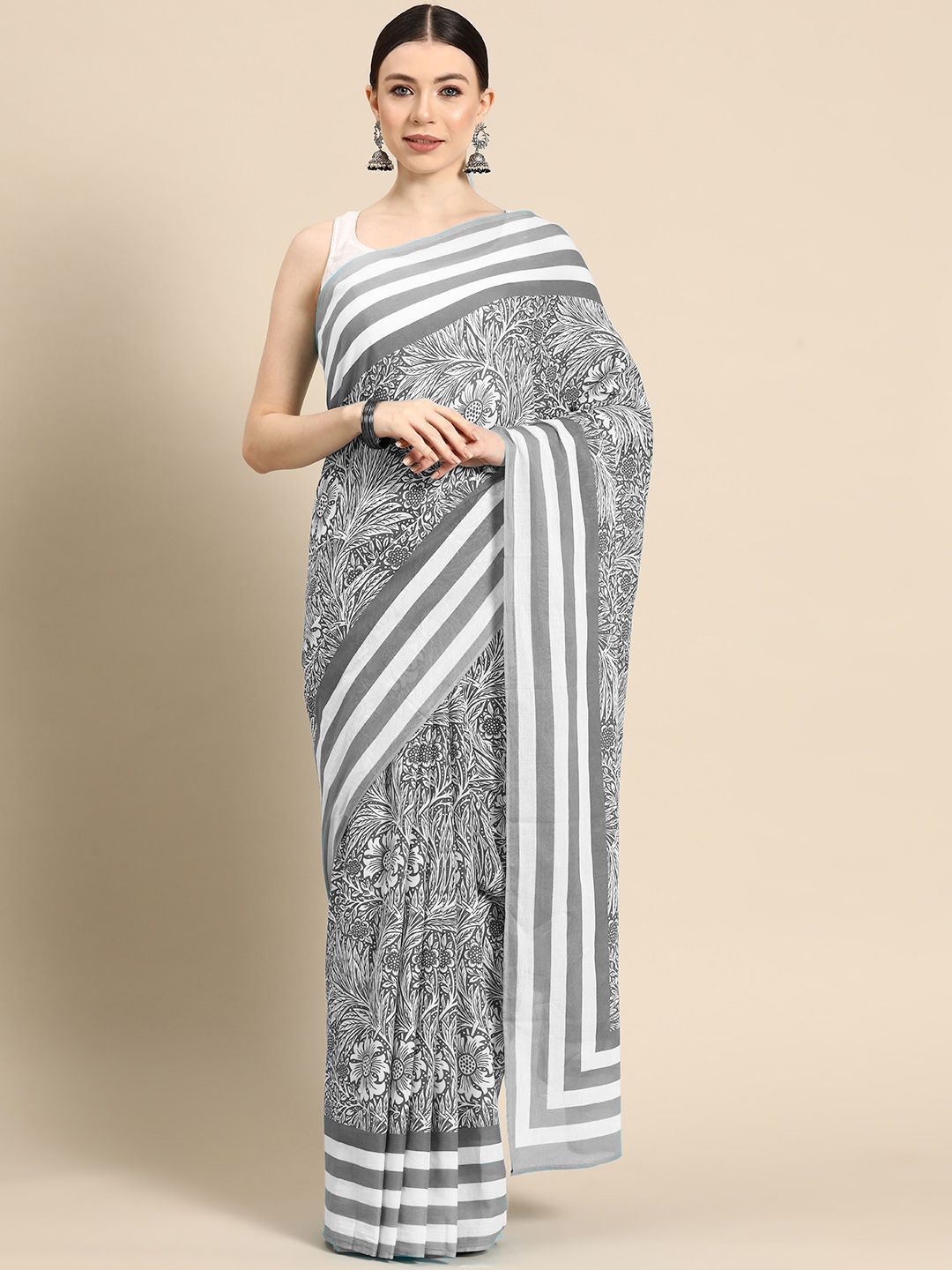 

BUTA BUTI Floral Pure Cotton Saree, Grey