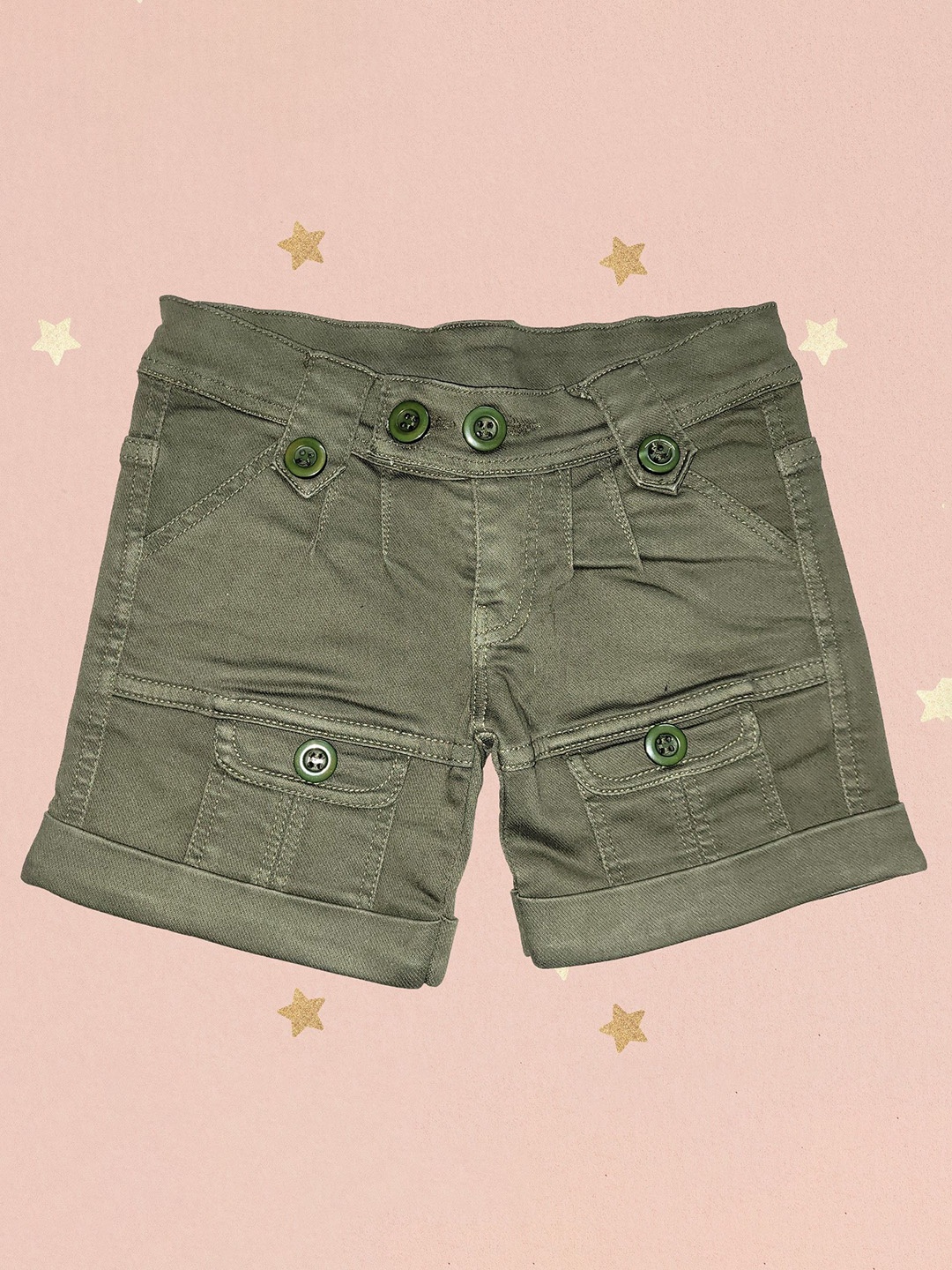 

Arshia Fashions Girls Slim Fit High-Rise Denim Cargo Shorts, Green