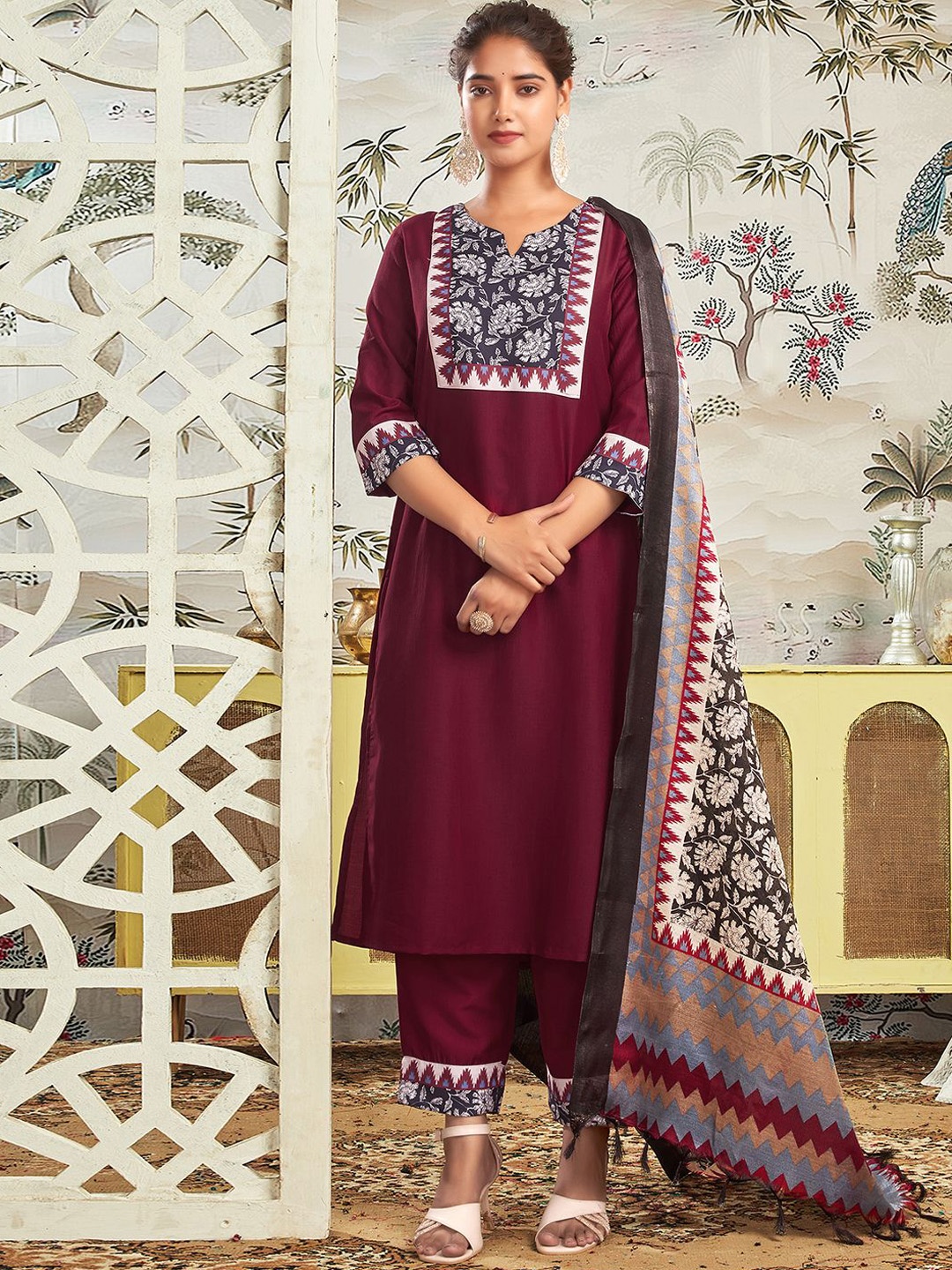 

KALINI Floral Yoke Design Straight Kurta with Trousers & Dupatta, Maroon