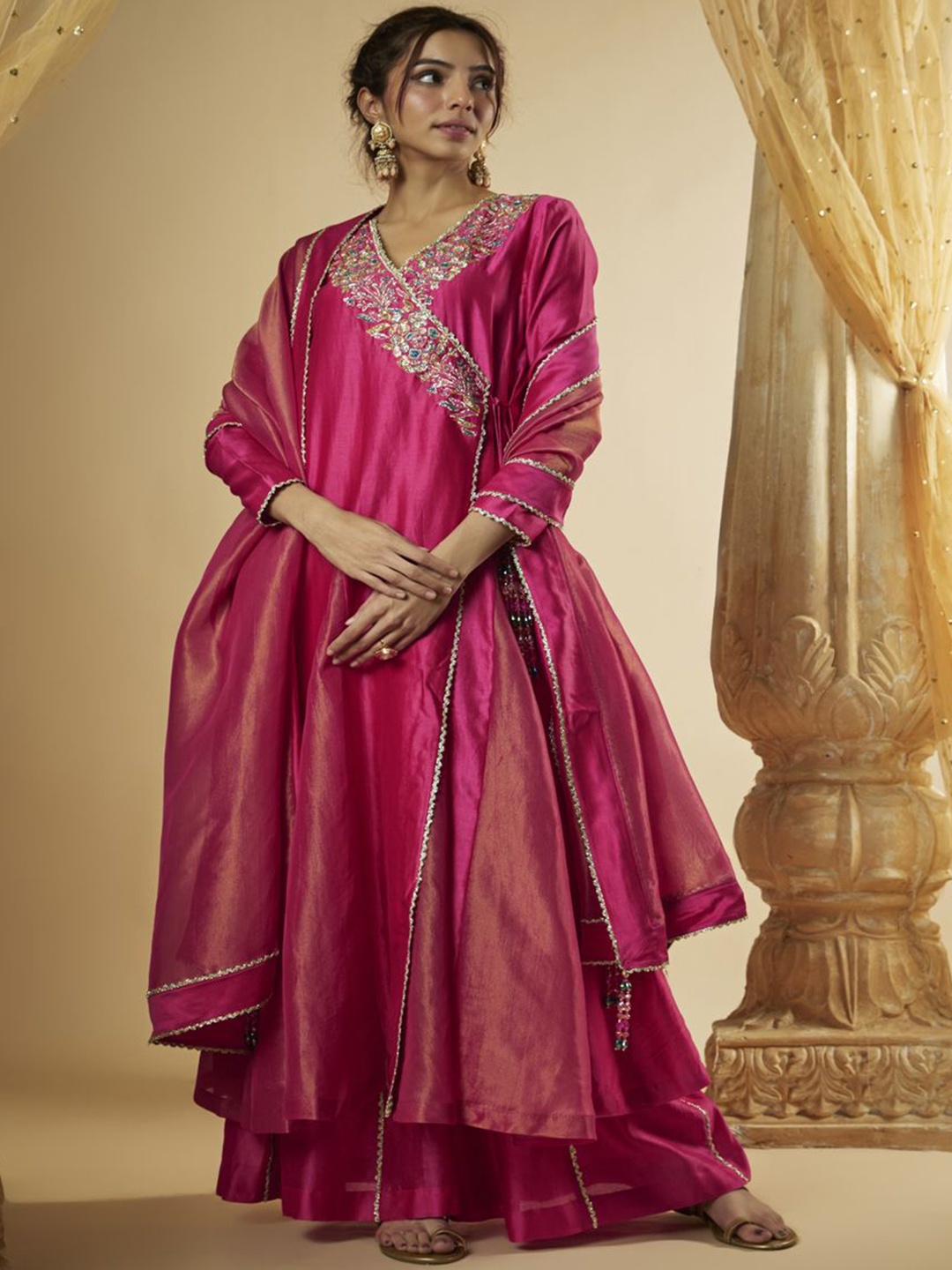 

The Aarya Ethnic Motifs Embroidered Angrakha Zardozi A-Line Kurta With Palazzos & Dupatta, Pink