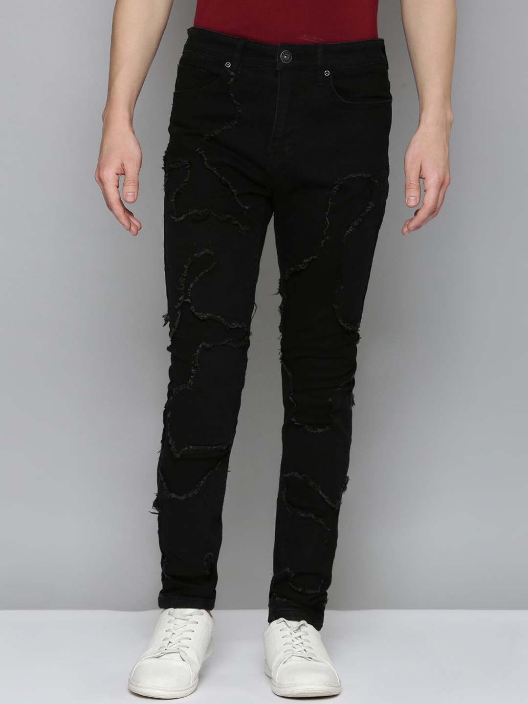 

WAIMEA Men Comfort Mid-Rise Skinny Fit Highly Distressed Stretchable Jeans, Black