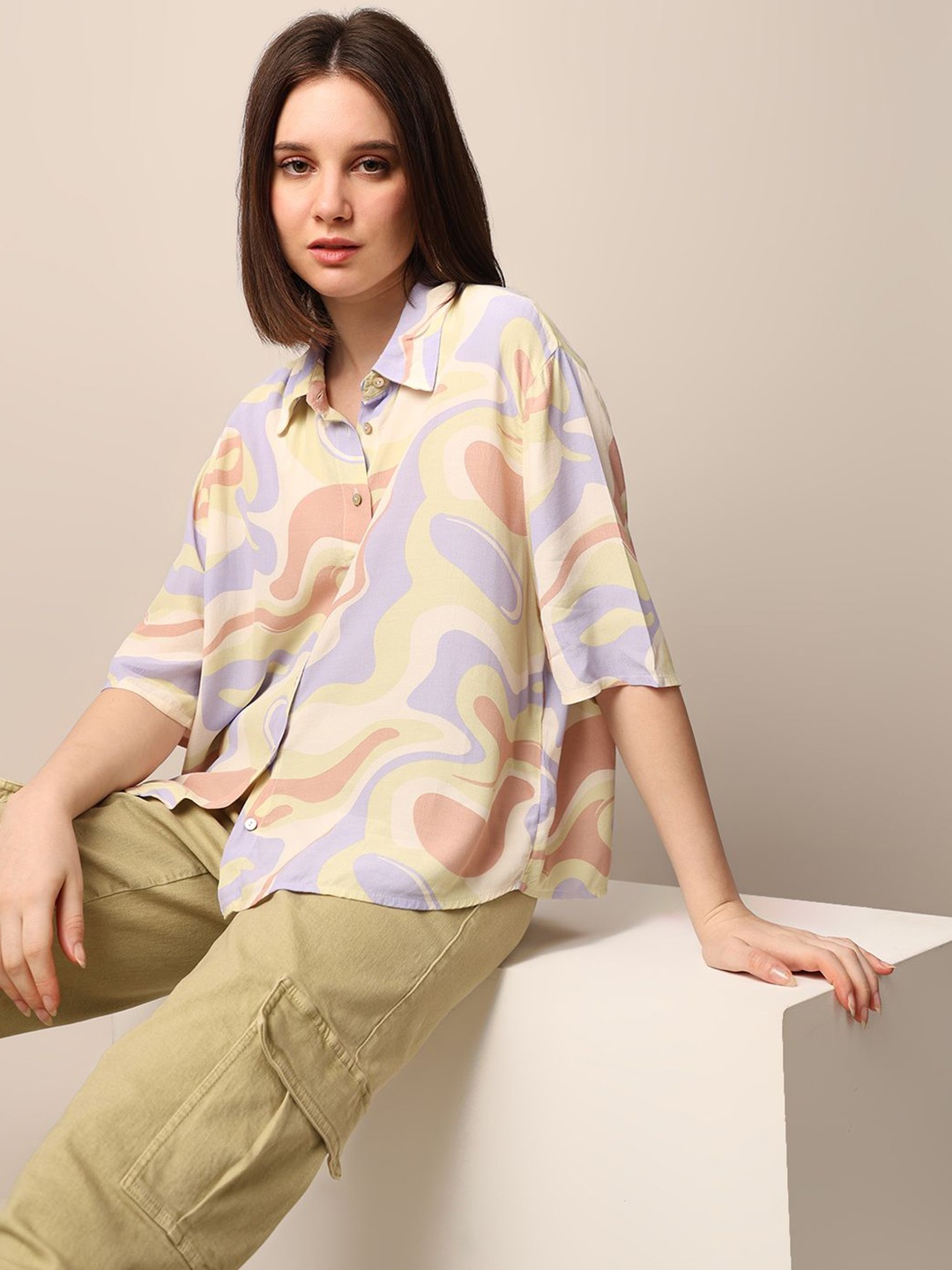 

ONLY Women Boxy Floral Opaque Printed Casual Shirt, Beige