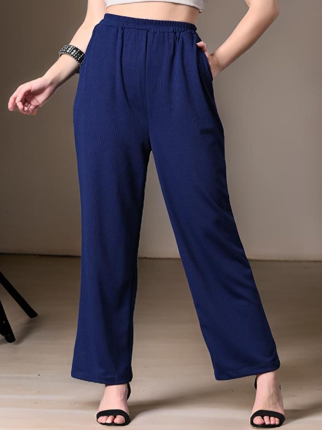 

Myshka Women Comfort Loose Fit High-Rise Wrinkle Free Trousers, Navy blue