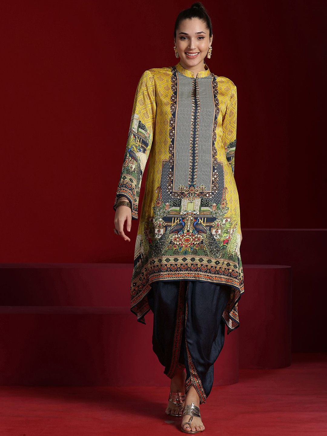 

Libas Art Ethnic Motifs Printed Mandarin Collar kaftan Kurta with Dhoti Pants, Mustard