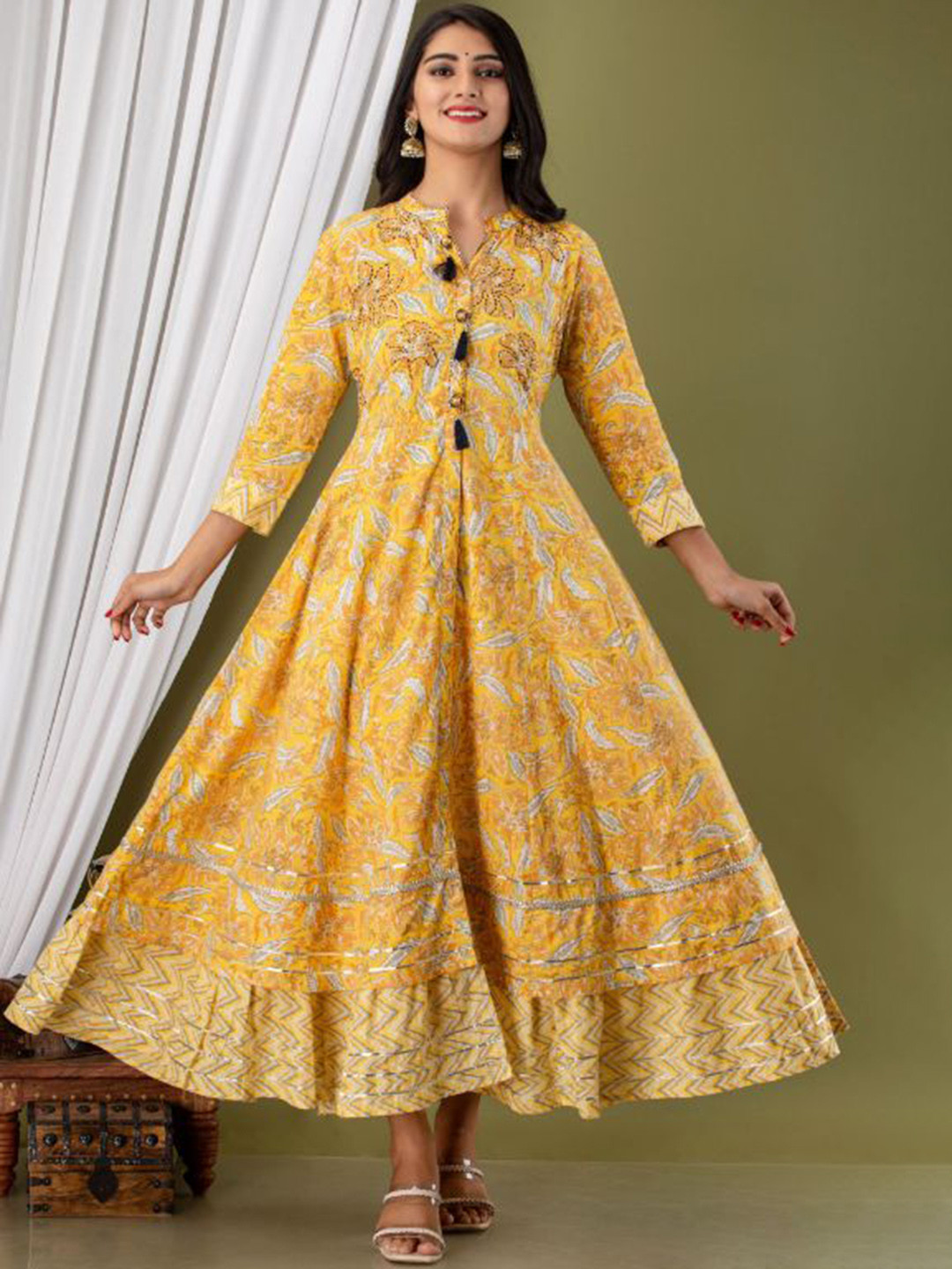 

KALINI Floral Printed Mandarin Collar Maxi Cotton Fit and Flare Ethnic Dress, Yellow