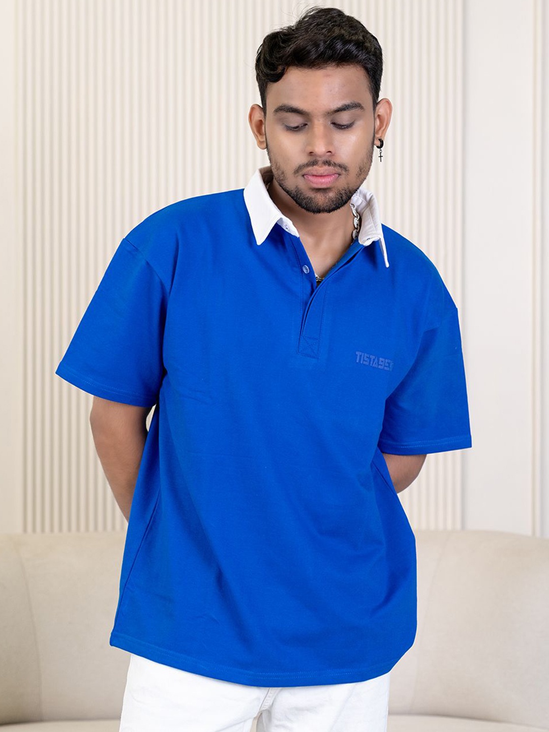 

Tistabene Men Solid Polo Collar Cotton Oversized T-shirt, Blue