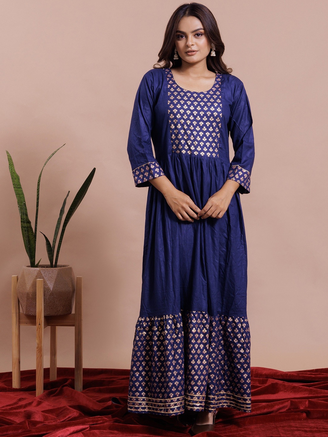 

Goti's Ethnic Motifs Printed Round Neck Pure Cotton Anarkali Kurta, Navy blue