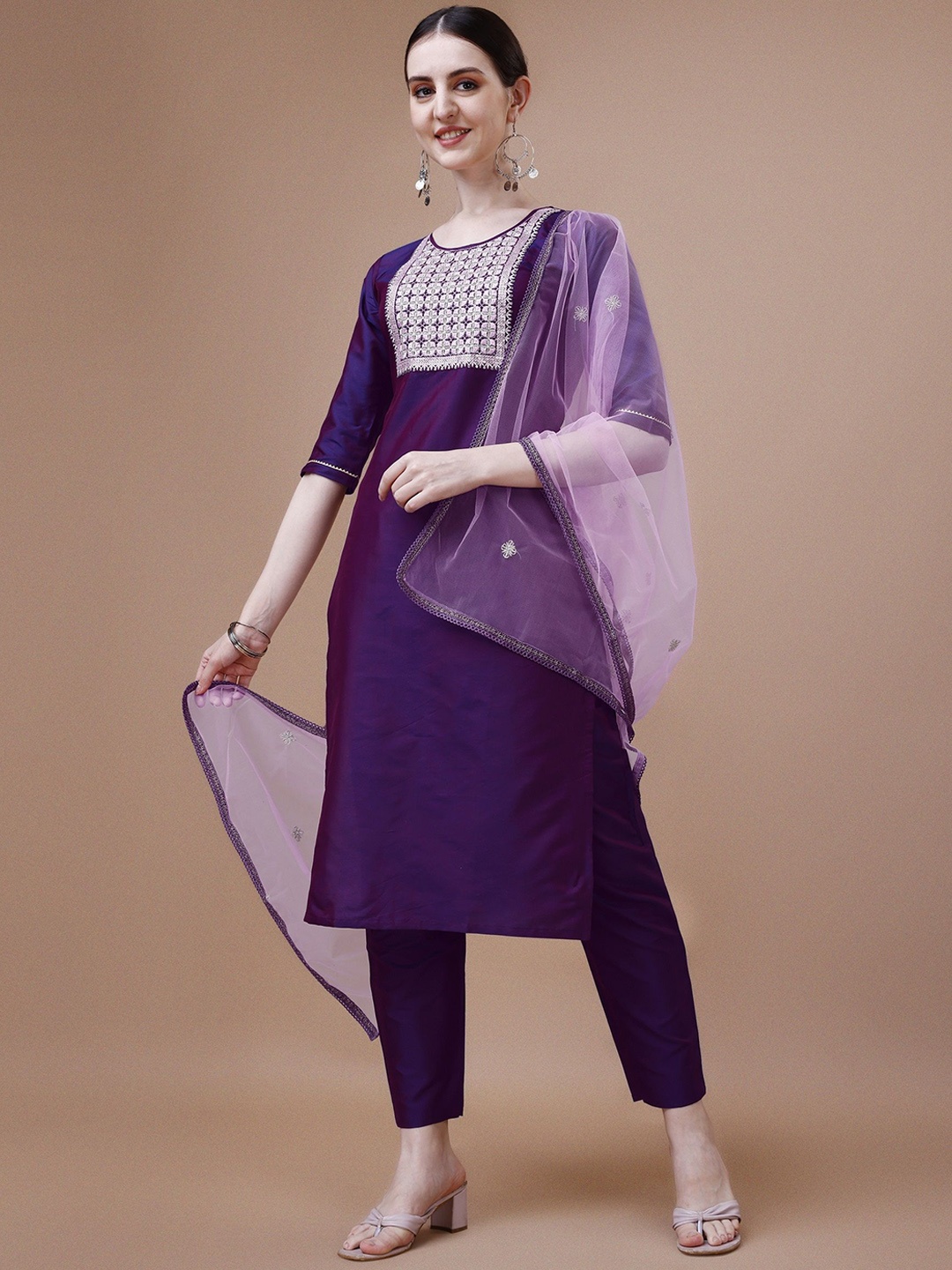 

AYUKTA INTERNATIONAL Embroidered Yoke Design Round Neck Kurta with Trousers & Dupatta, Purple