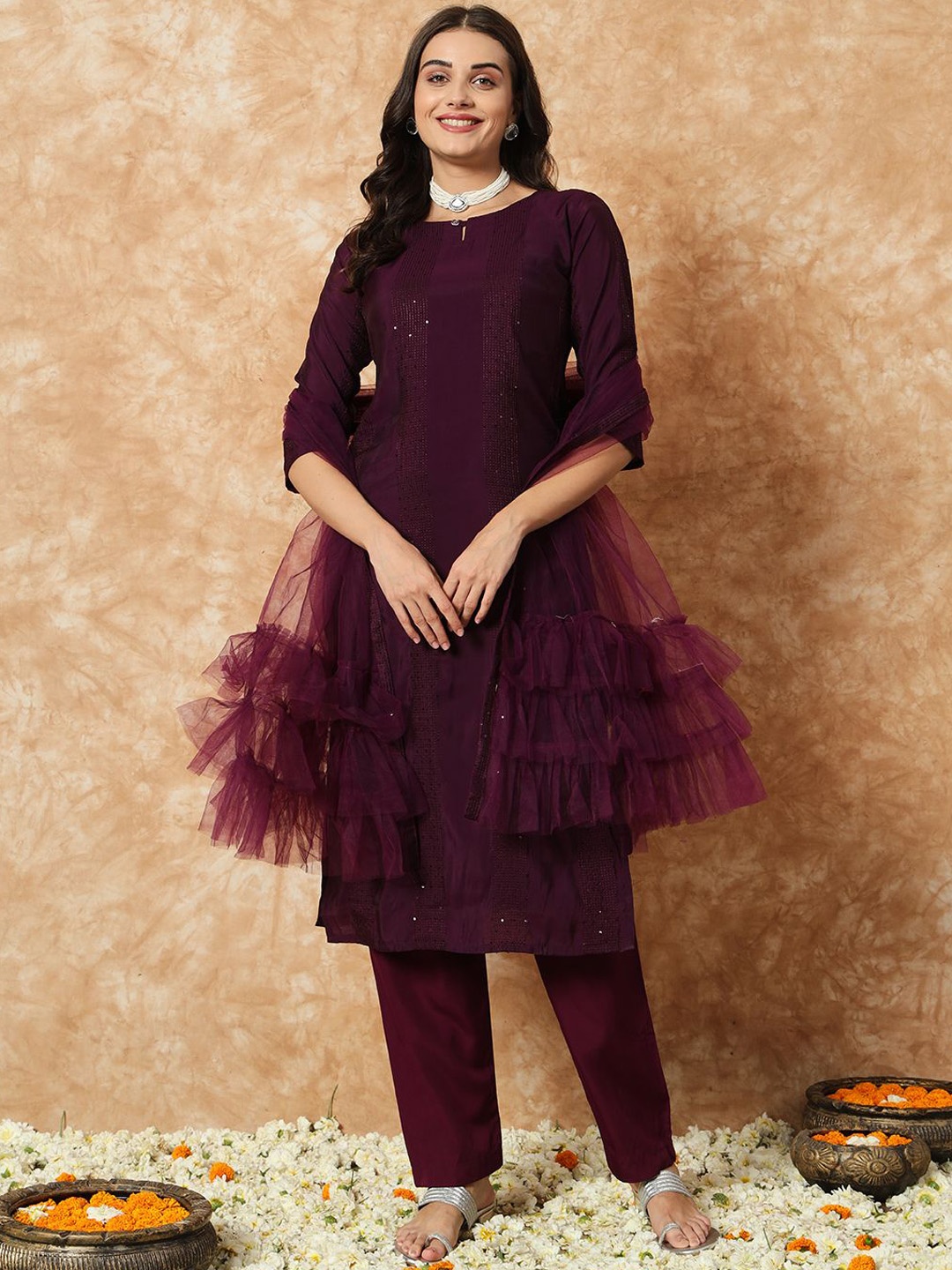 

Ethnic Yard Striped Keyhole Neck Sequined Straight Kurta with Trousers & Dupatta, Purple