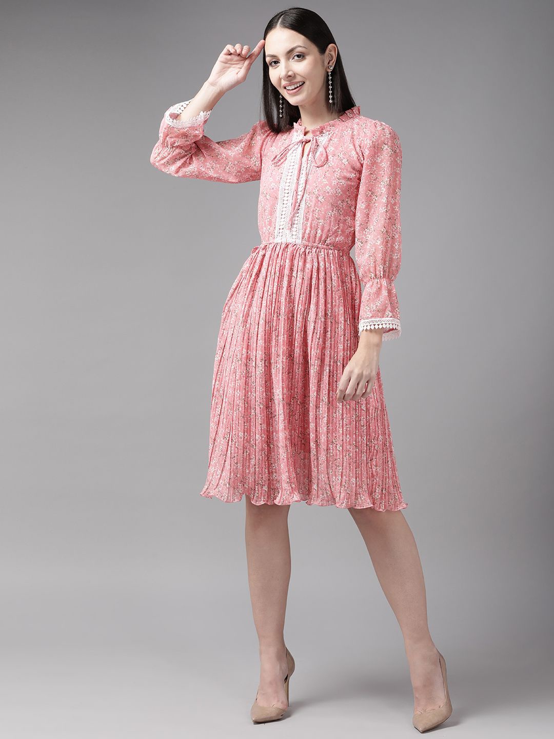 

BAESD Floral Printed Puff Sleeve Georgette A-Line Mini Dress, Pink