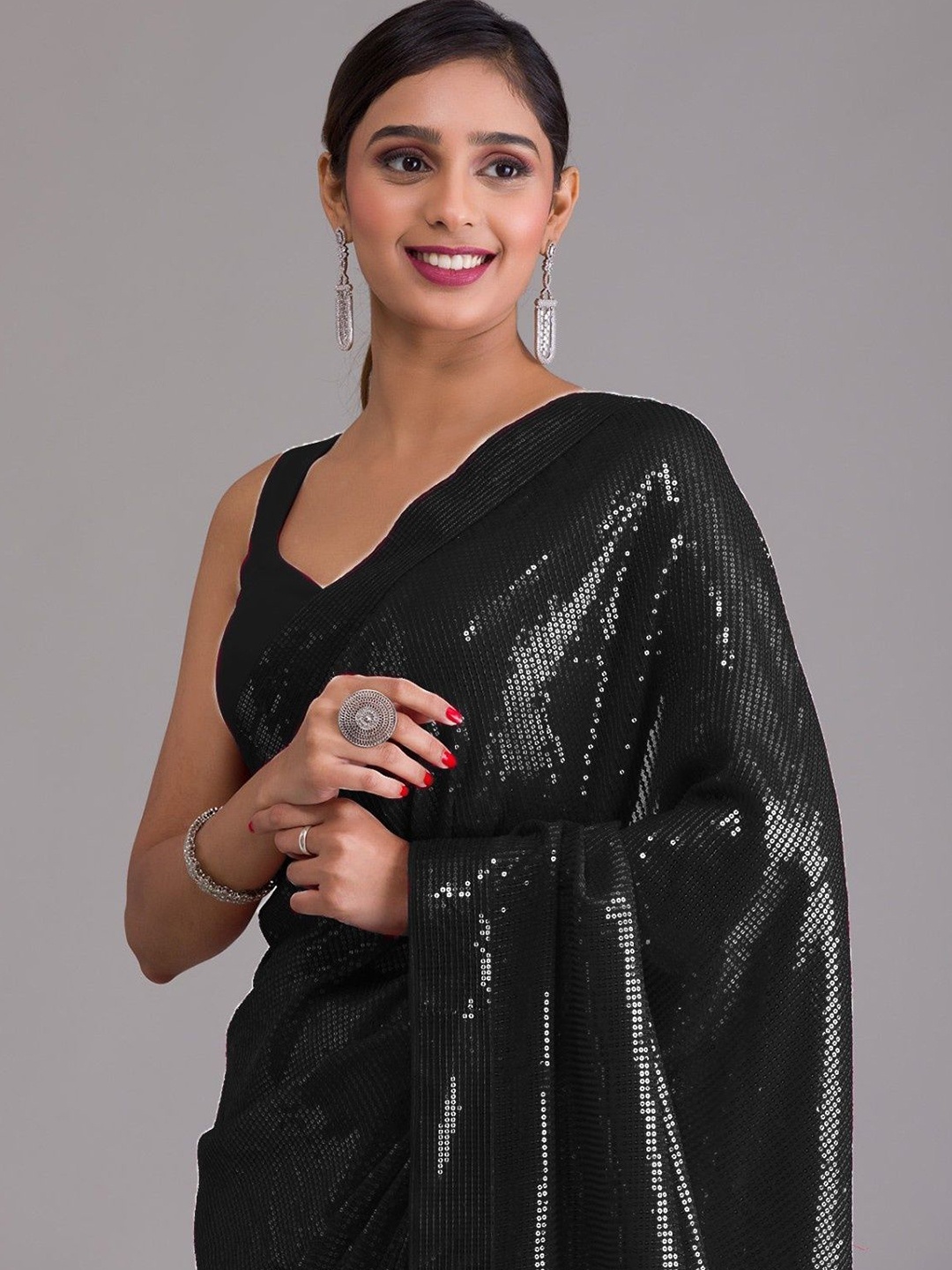 

ANJANI TEXTILE Embellished Sequinned Poly Georgette Saree, Black