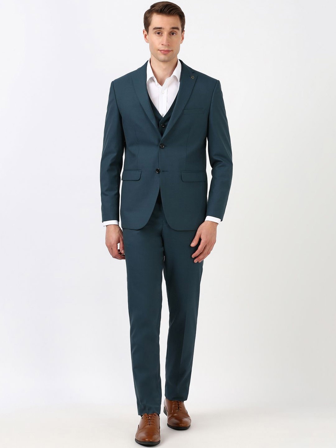 

Peter England Elite Self Design Slim-Fit Single-Breasted Three-Piece Formal Suit, Green