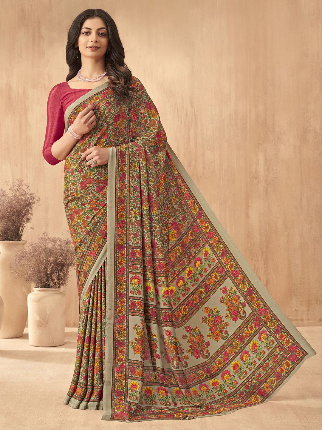 

Mitera Floral Poly Crepe Bagru Saree, Beige