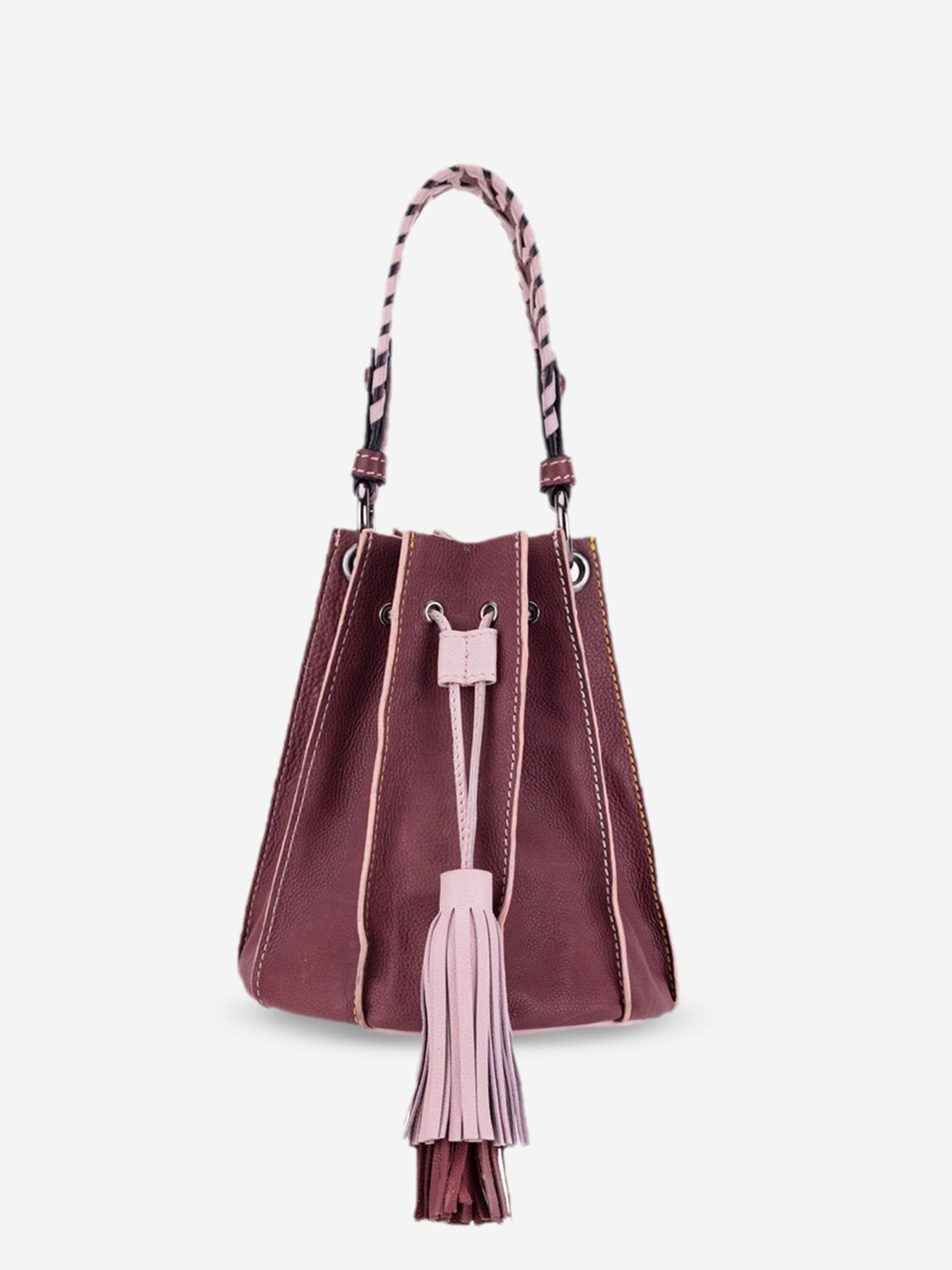 

Abelardo De Moda Leather Bucket Handheld Bag with Tasselled, Maroon