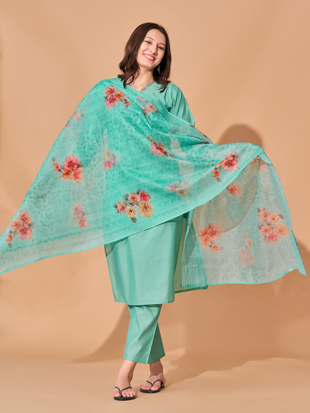 

KALINI Regular Chanderi Silk Straight Kurta with Trousers & Dupatta, Turquoise blue