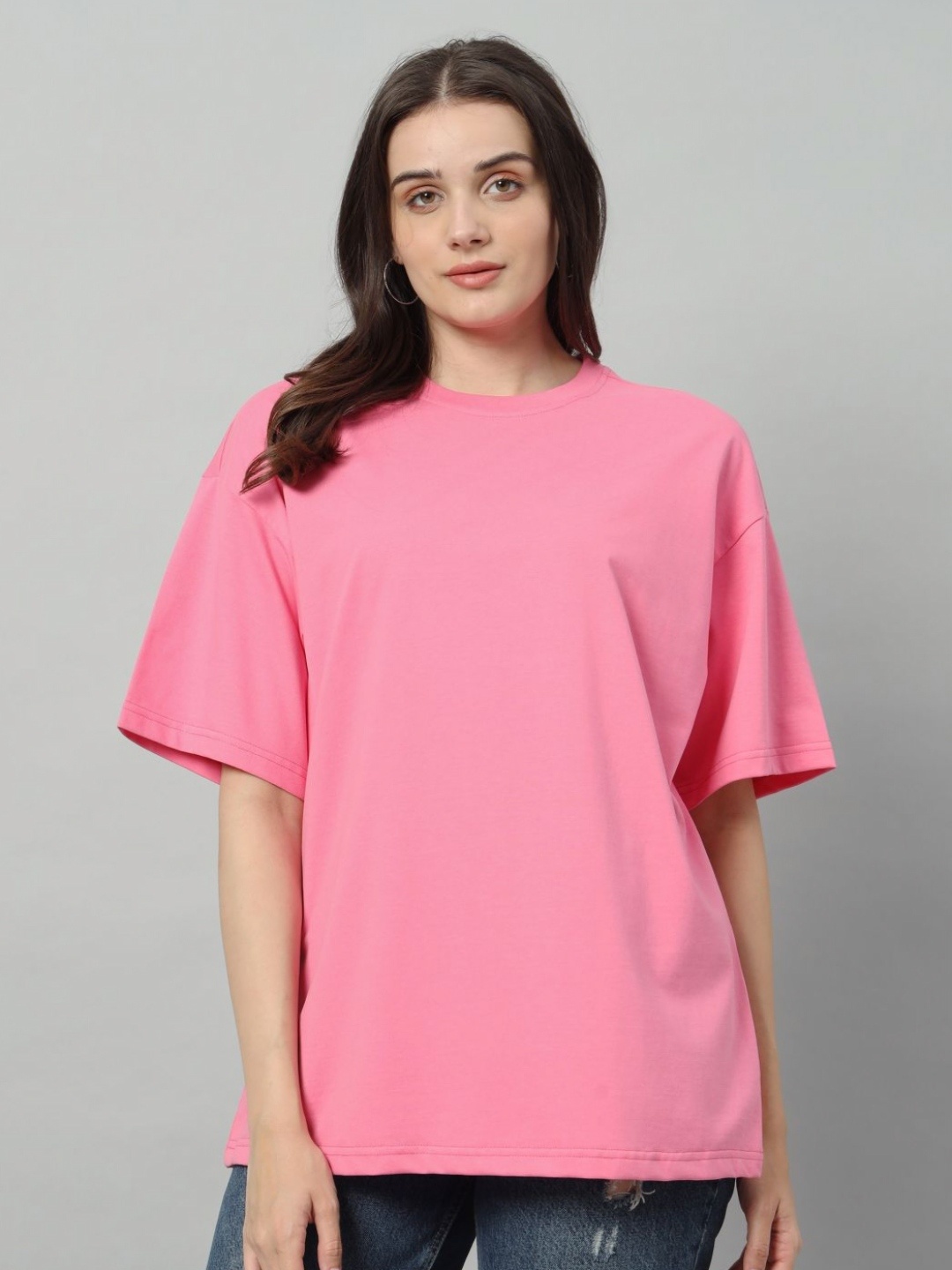 

SWAGNOX Women Solid Round Neck Cotton Oversized T-Shirt, Pink