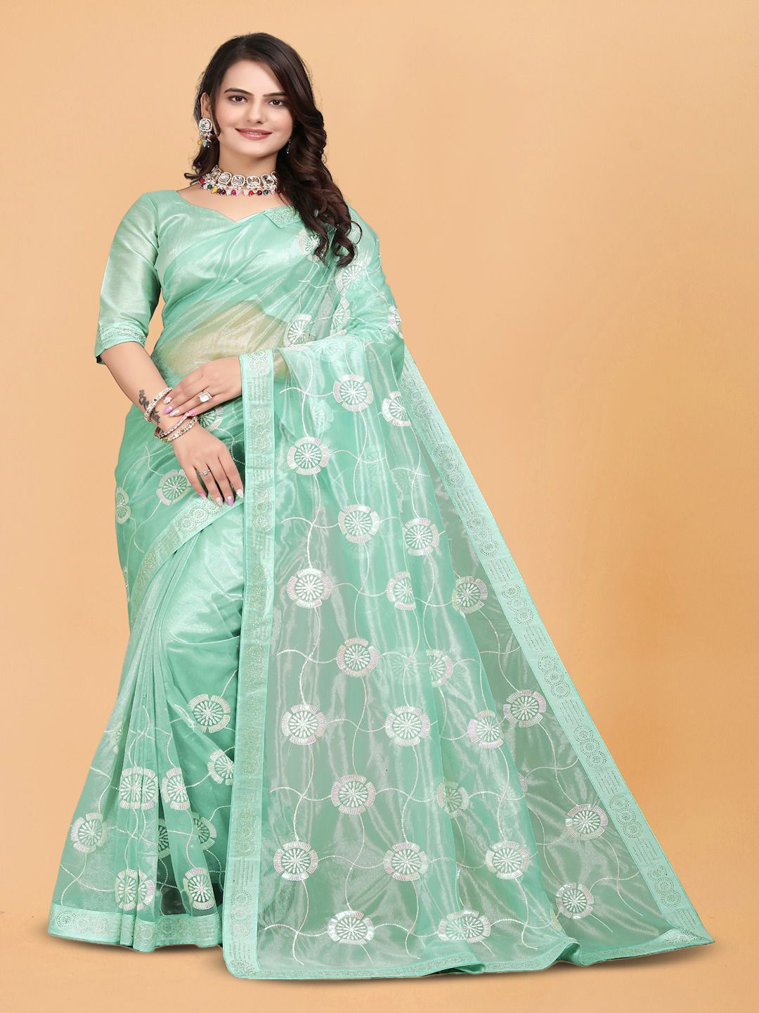 

ANJAVI FASHION Floral Embroidered Net Heavy Work Maheshwari Saree, Sea green