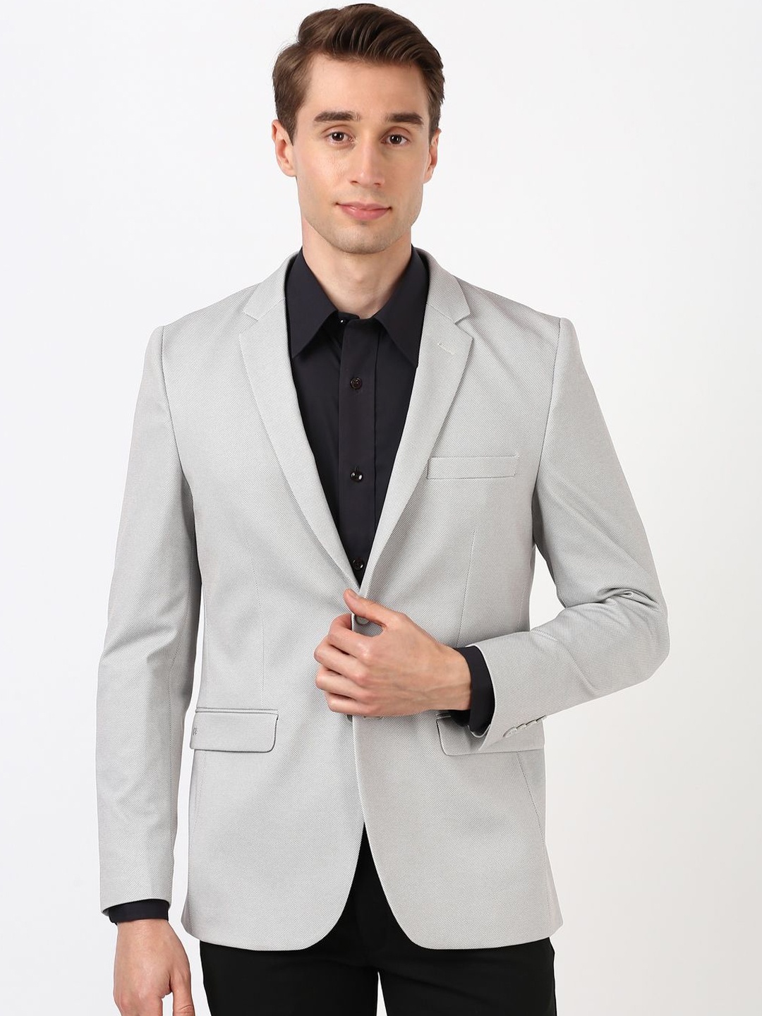 

Peter England Elite Self Design Slim-Fit Single-Breasted Formal Blazer, Grey