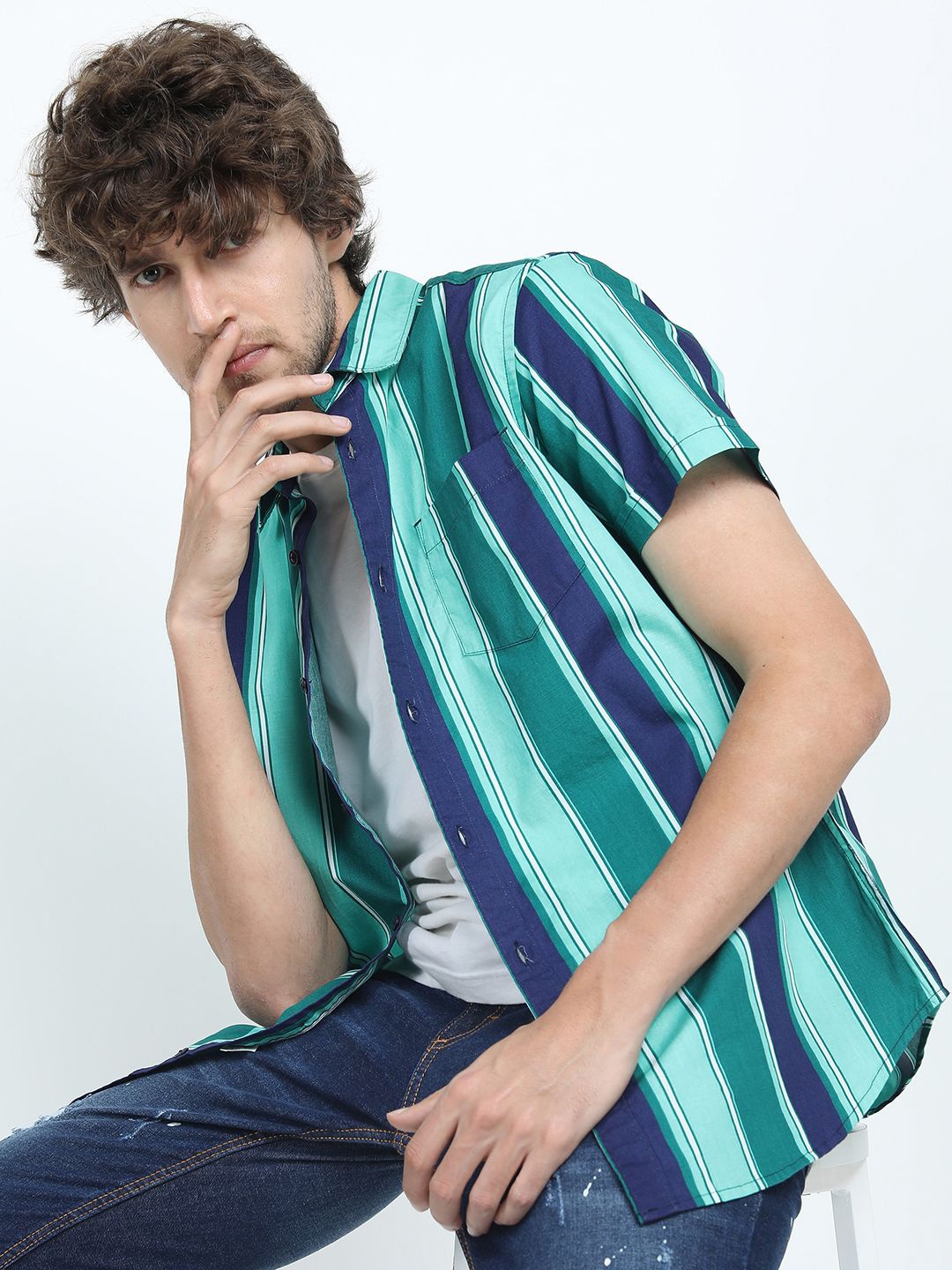 

HIGHLANDER Men Slim Fit Opaque Striped Casual Shirt, Green