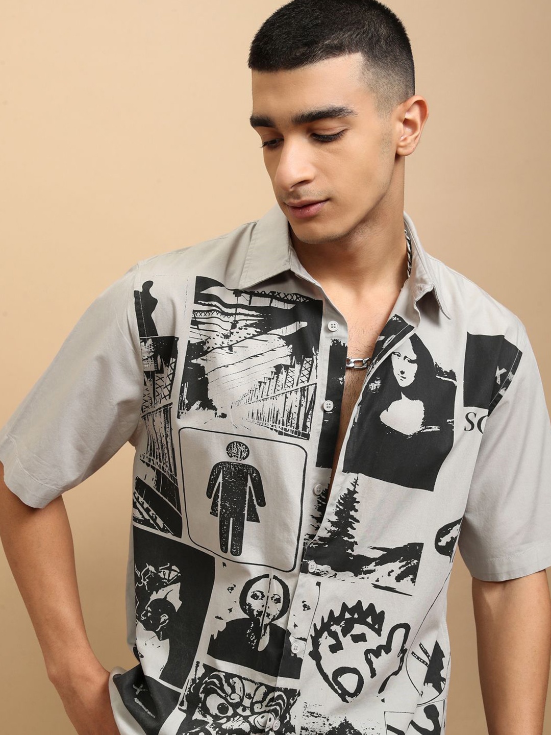 

Highlander Men Placement Printed Cuban Collar Boxy Shirt, Grey