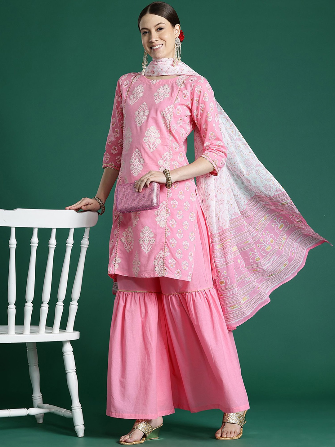 

Anouk Women Floral Printed Panelled Pure Cotton Kurta with Sharara & With Dupatta, Pink