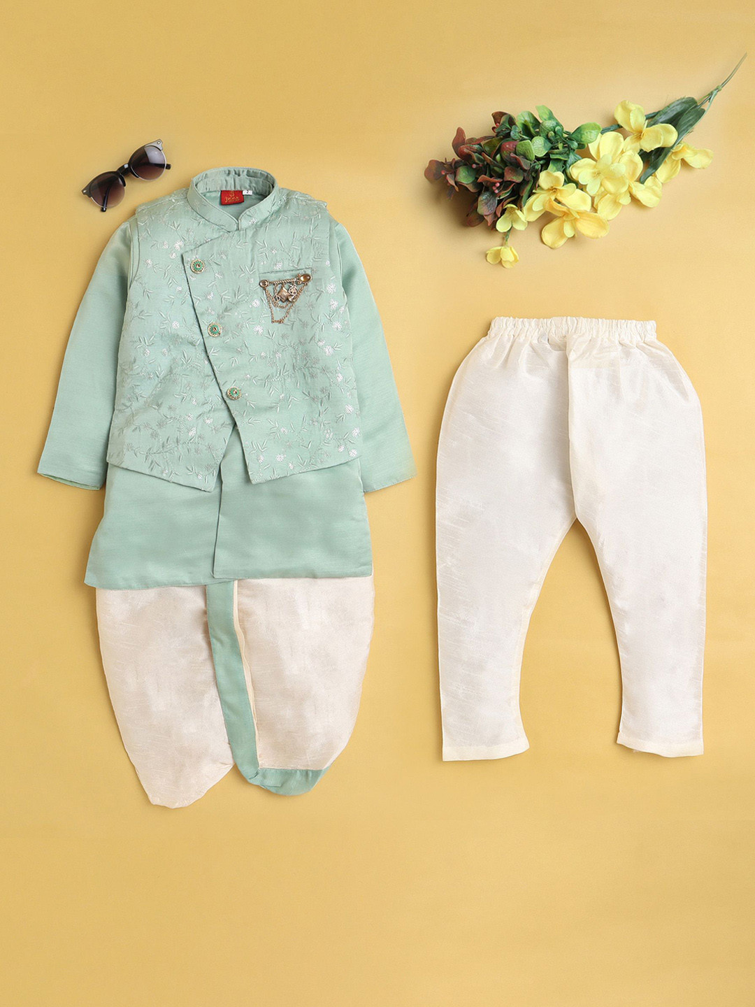 

Jeetethnics Boys Embroidered Regular Kurta with Dhoti Pants, Turquoise blue