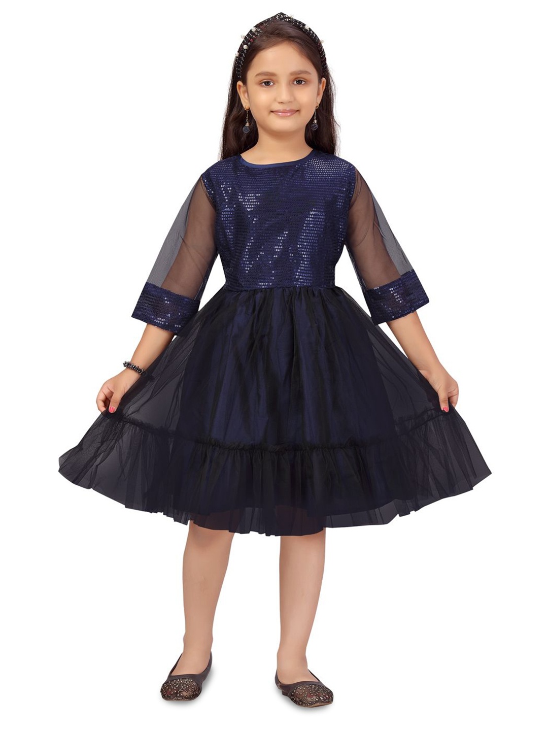 

BAESD Girls Sequined Embellished Net Fit & Flare Dress, Navy blue