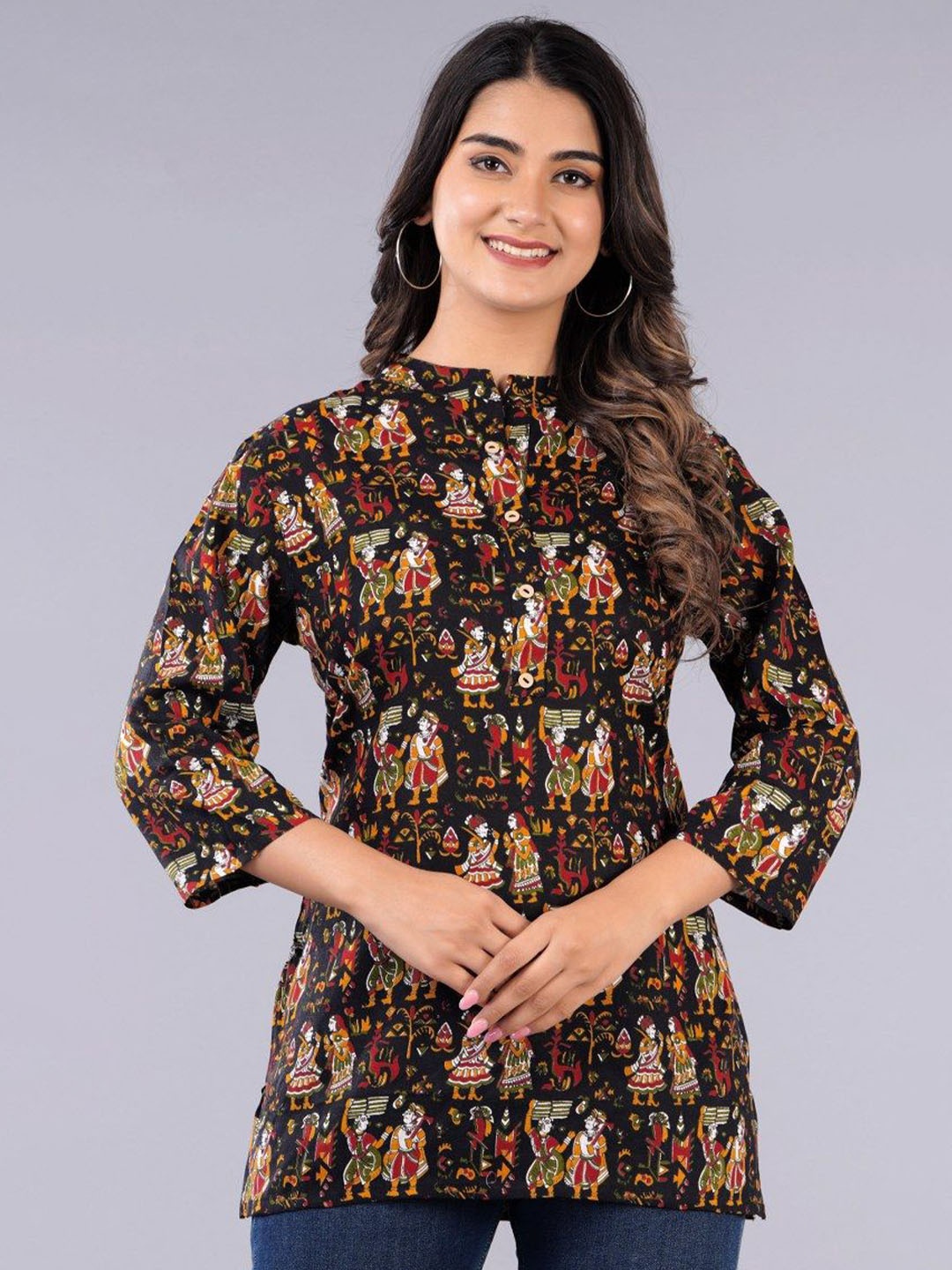 

TANISHA Women Ethnic Printed Mandarin Collar Top, Black