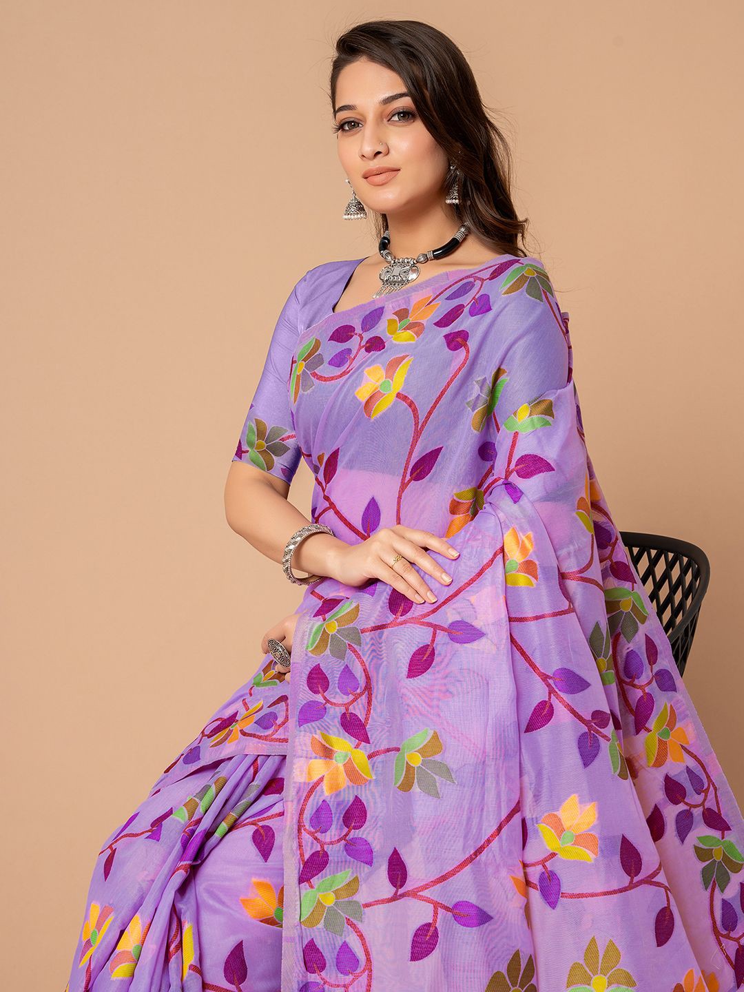 

Mitera Ethnic Motifs Pure Cotton Jamdani Saree, Purple