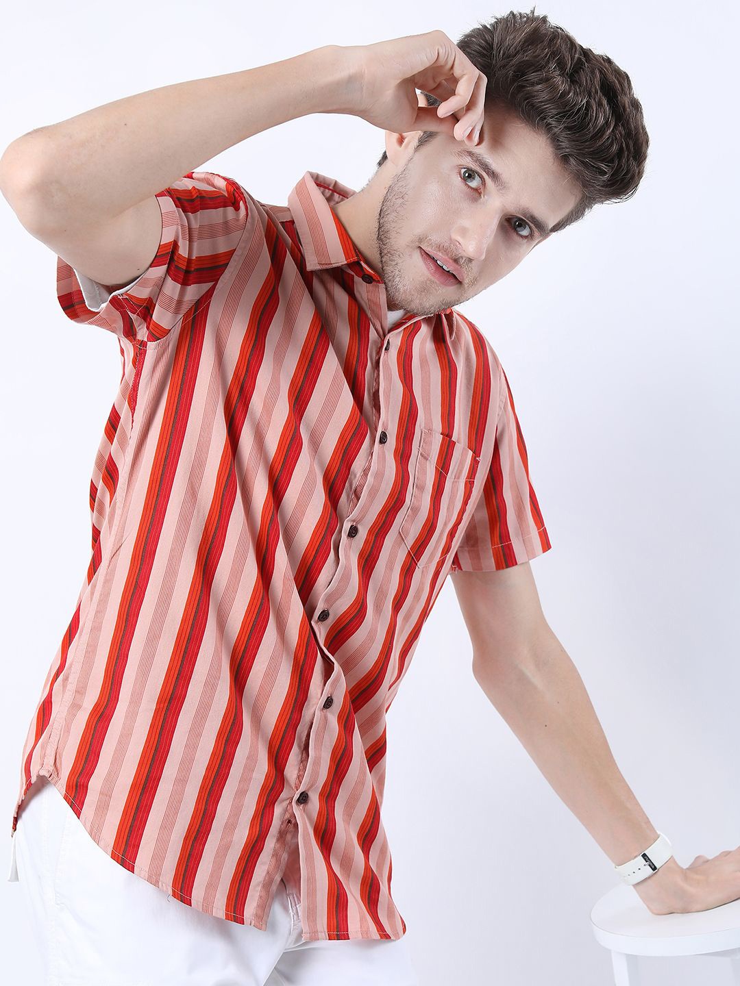 

HIGHLANDER Men Slim Fit Opaque Striped Casual Shirt, Rust