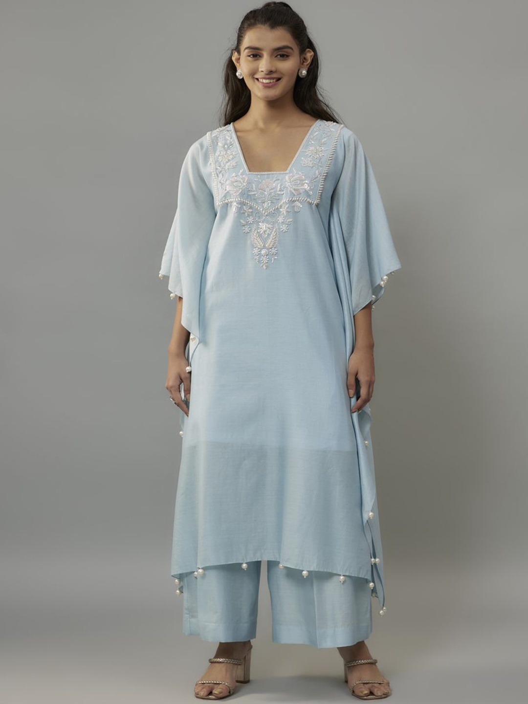 

The Aarya Ethnic Motifs Yoke Design Zardozi Square Neck Kaftan Kurta With Palazzos, Blue