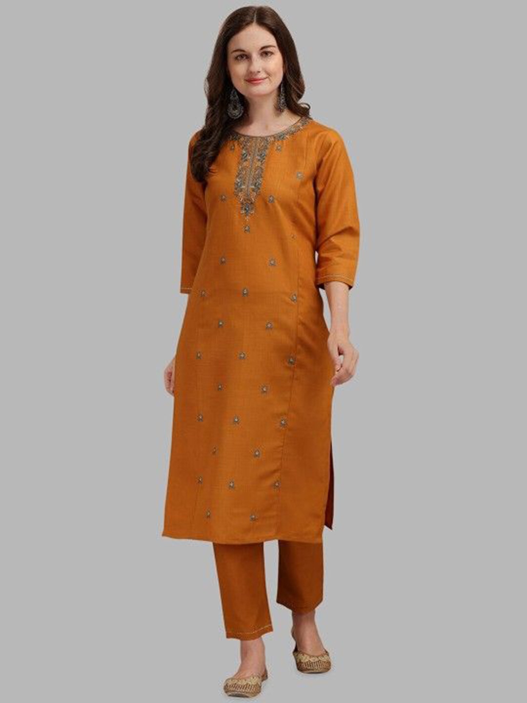 

NH KAPDEWALA Women Floral Printed Regular Pure Cotton Kurta with Trousers, Mustard