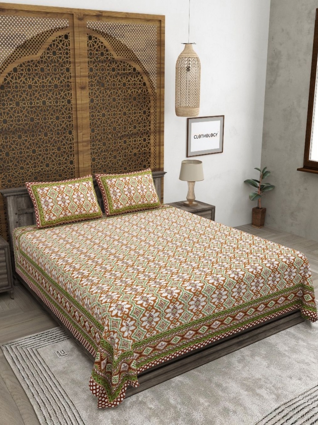 

CLOTHOLOGY Brown & White Ethnic Motifs 180 TC Cotton King Bedsheet with 2 Pillow Covers