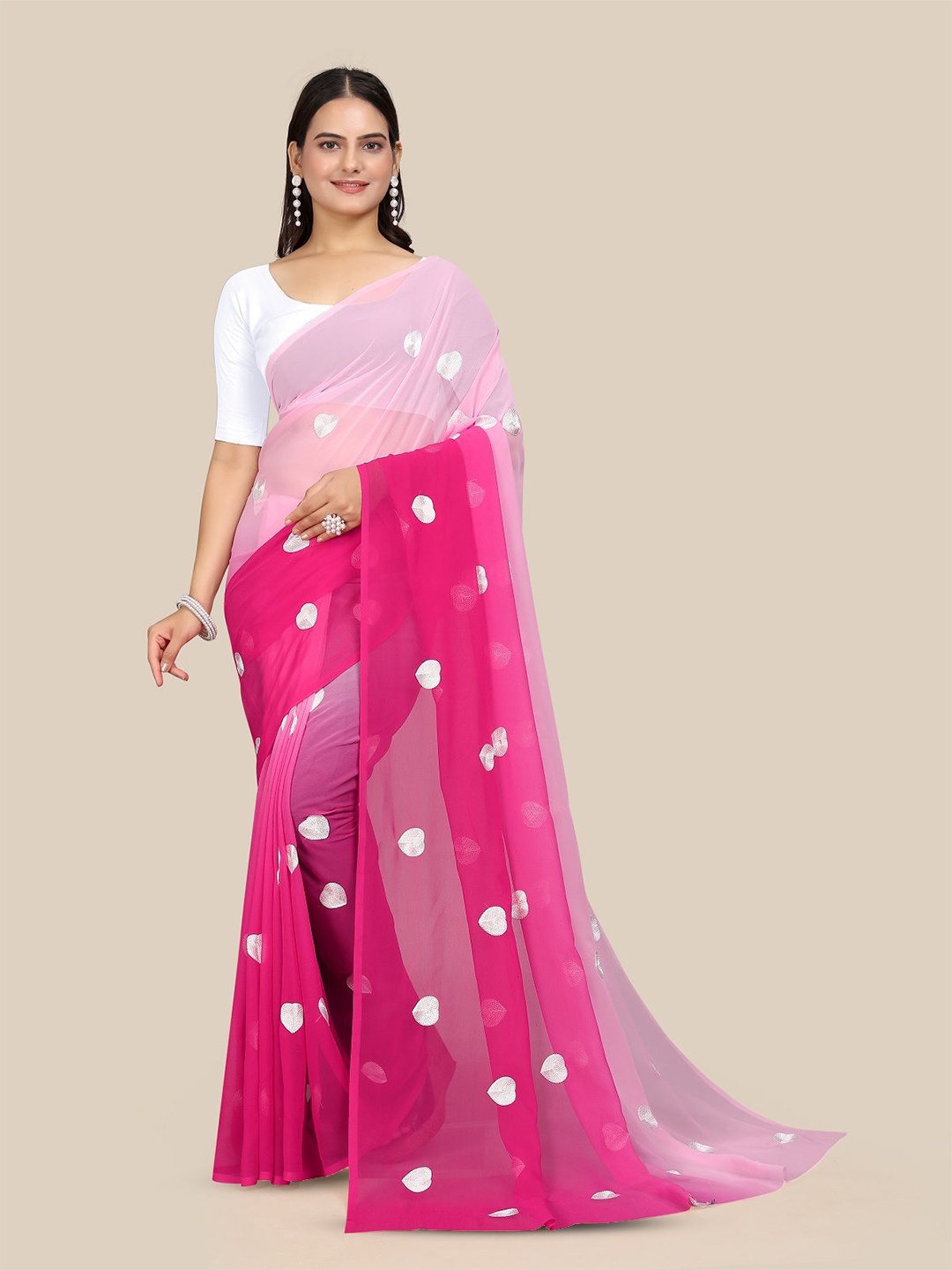 

APNISHA Floral Embroidered Pure Georgette Half and Half Saree, Pink